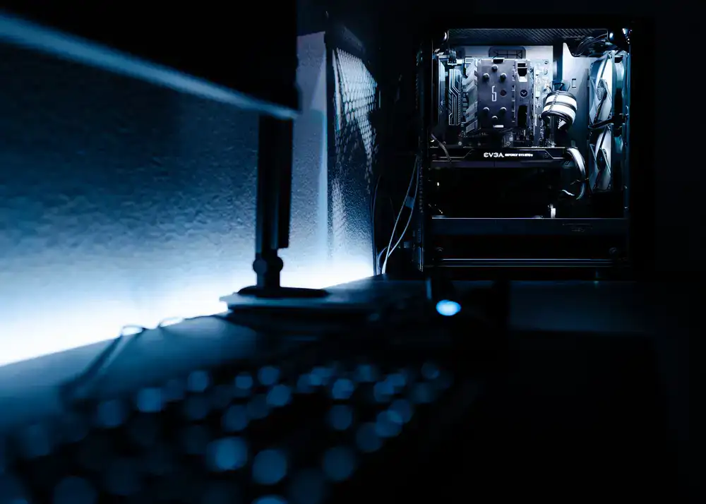 High end PC setup with glowing lights