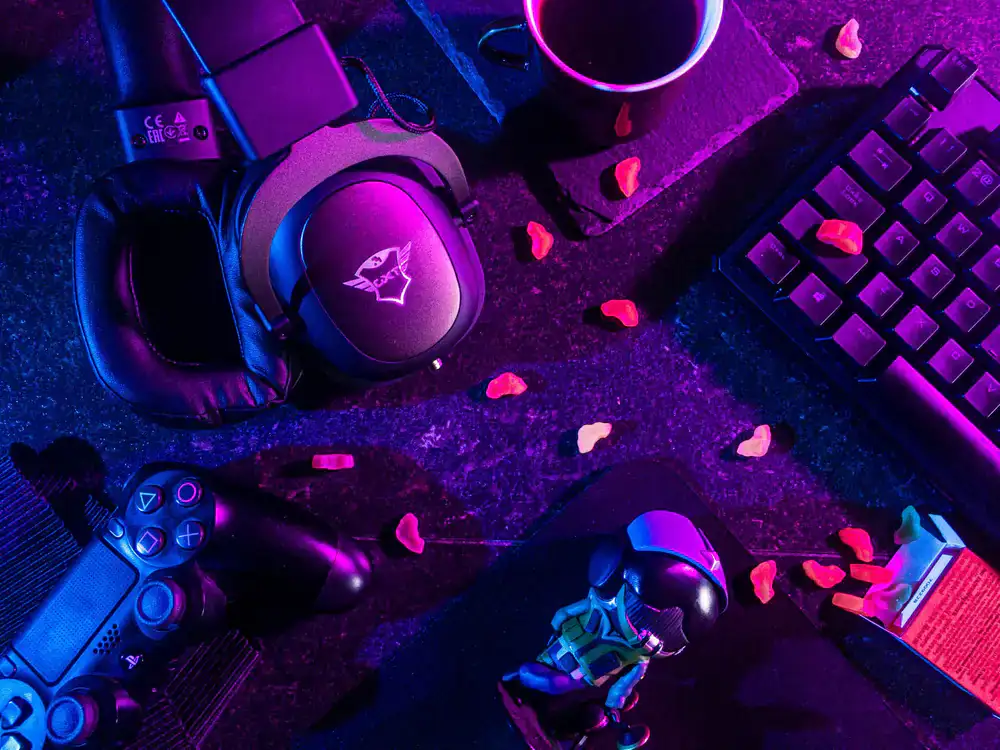 Neon lit gaming setup background