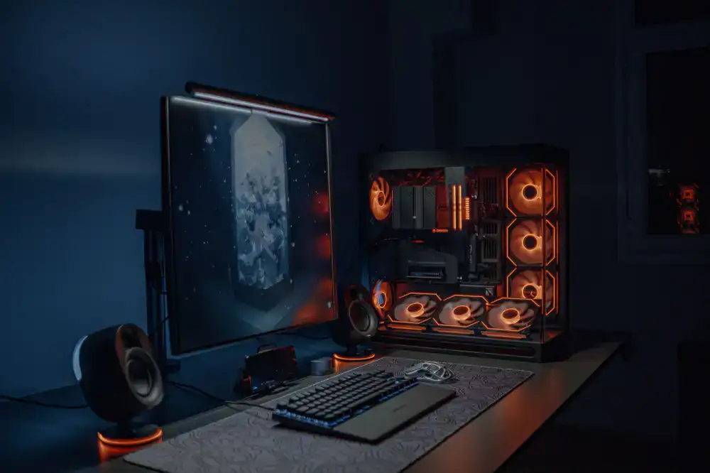 Row of high-performance PC gaming rigs with RGB lighting
